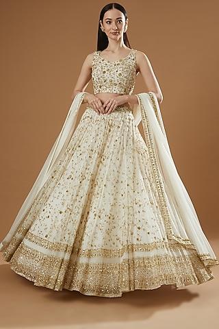 off-white net & crepe boota embroidered lehenga set