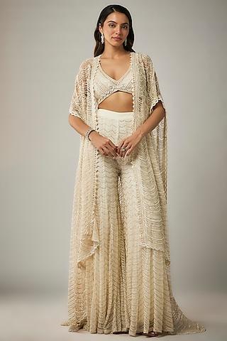 off-white net & double georgette embroidered cape set