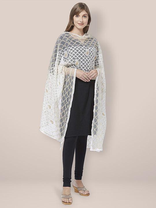 off white net dupatta with lucknowi embroidery.