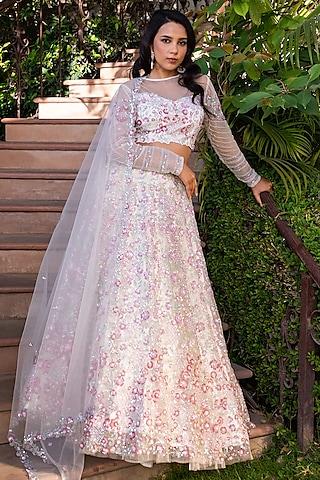 off-white net embroidered lehenga set