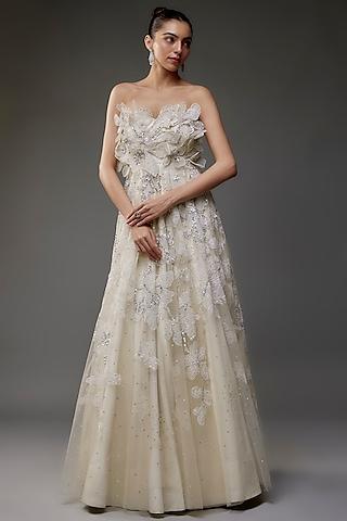 off-white net floral applique embroidered gown