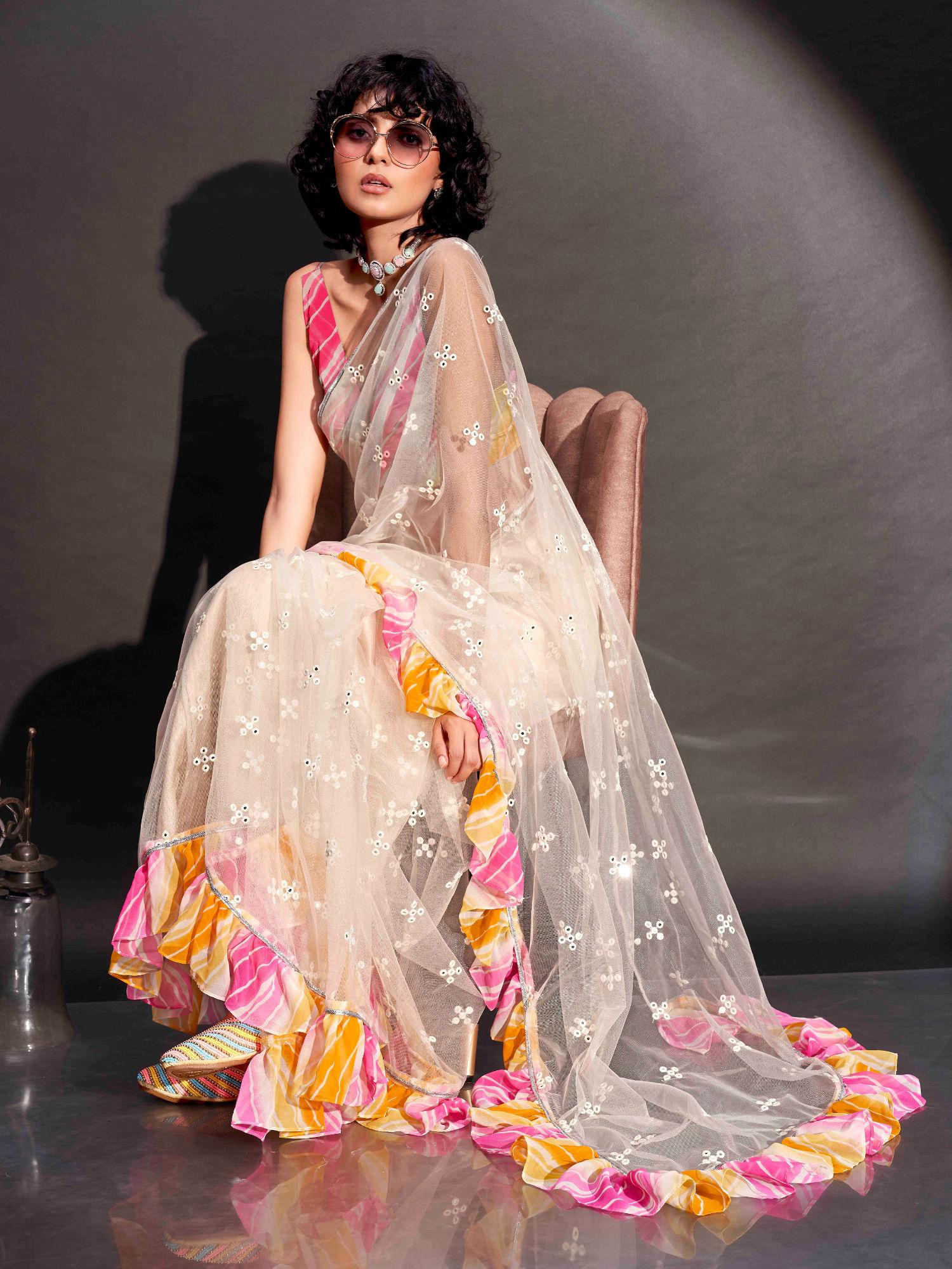 off white net saree faux mirror embroidery & lehariya frill with unstitched blouse