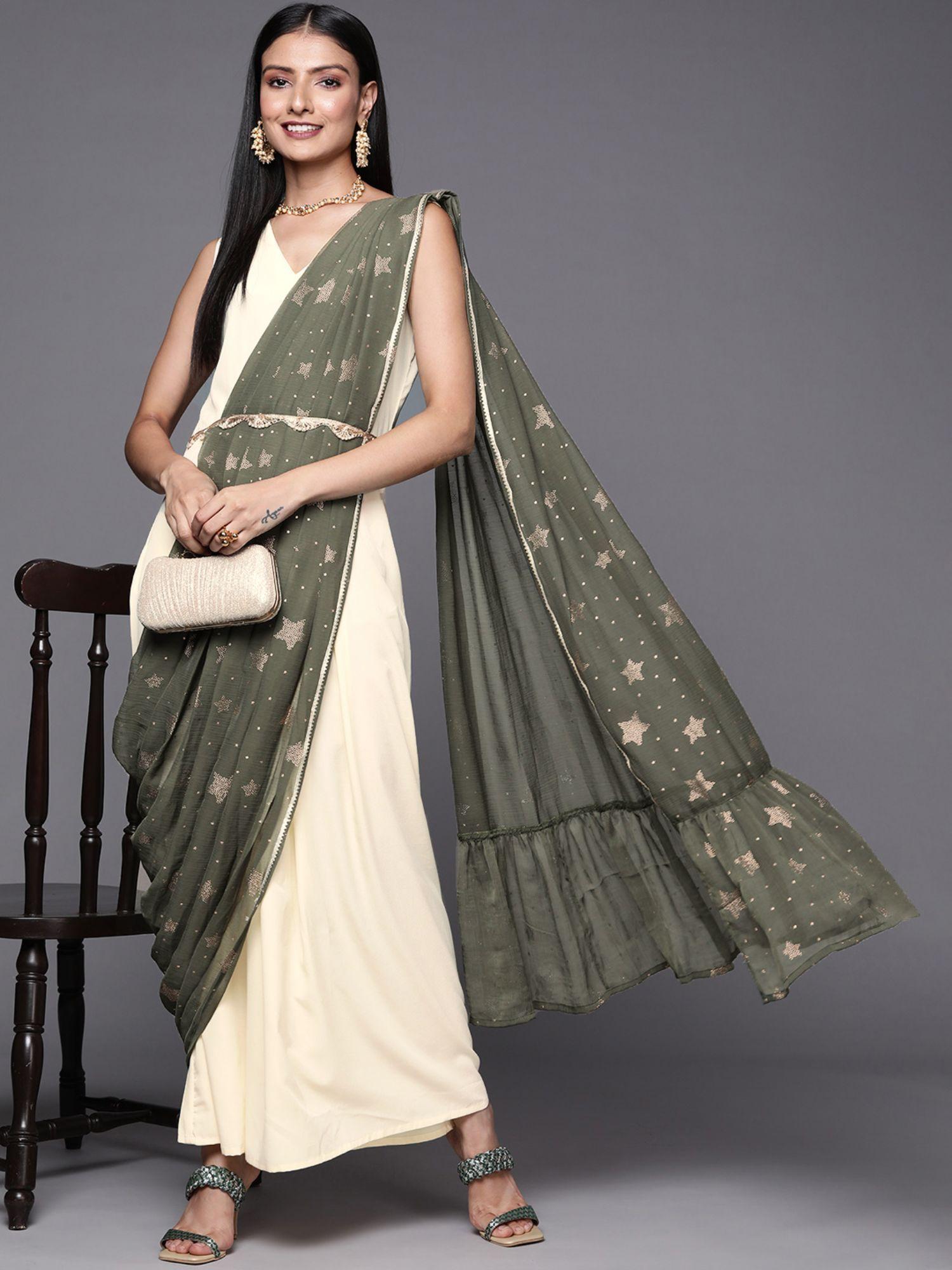 off white olive green ethnic maxi dress with attached dupatta