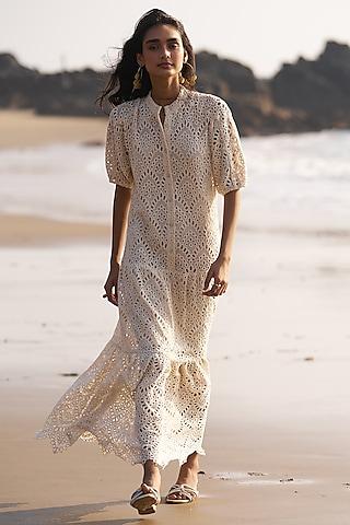off-white organic cotton schiffli embroidered midi dress