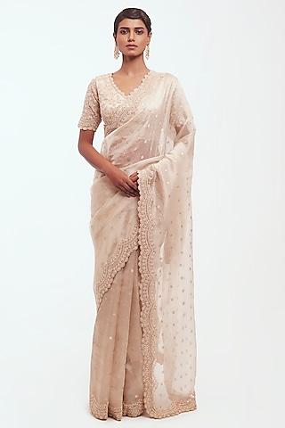 off-white organza embellished saree set