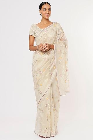 off-white organza embroidered saree set