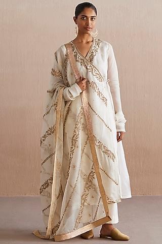 off-white organza hand embroidered angrakha kurta set