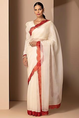off-white organza rhinestone embellished saree set