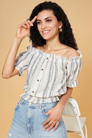 off white patterned casual half sleeves off shoulder women straight fit top