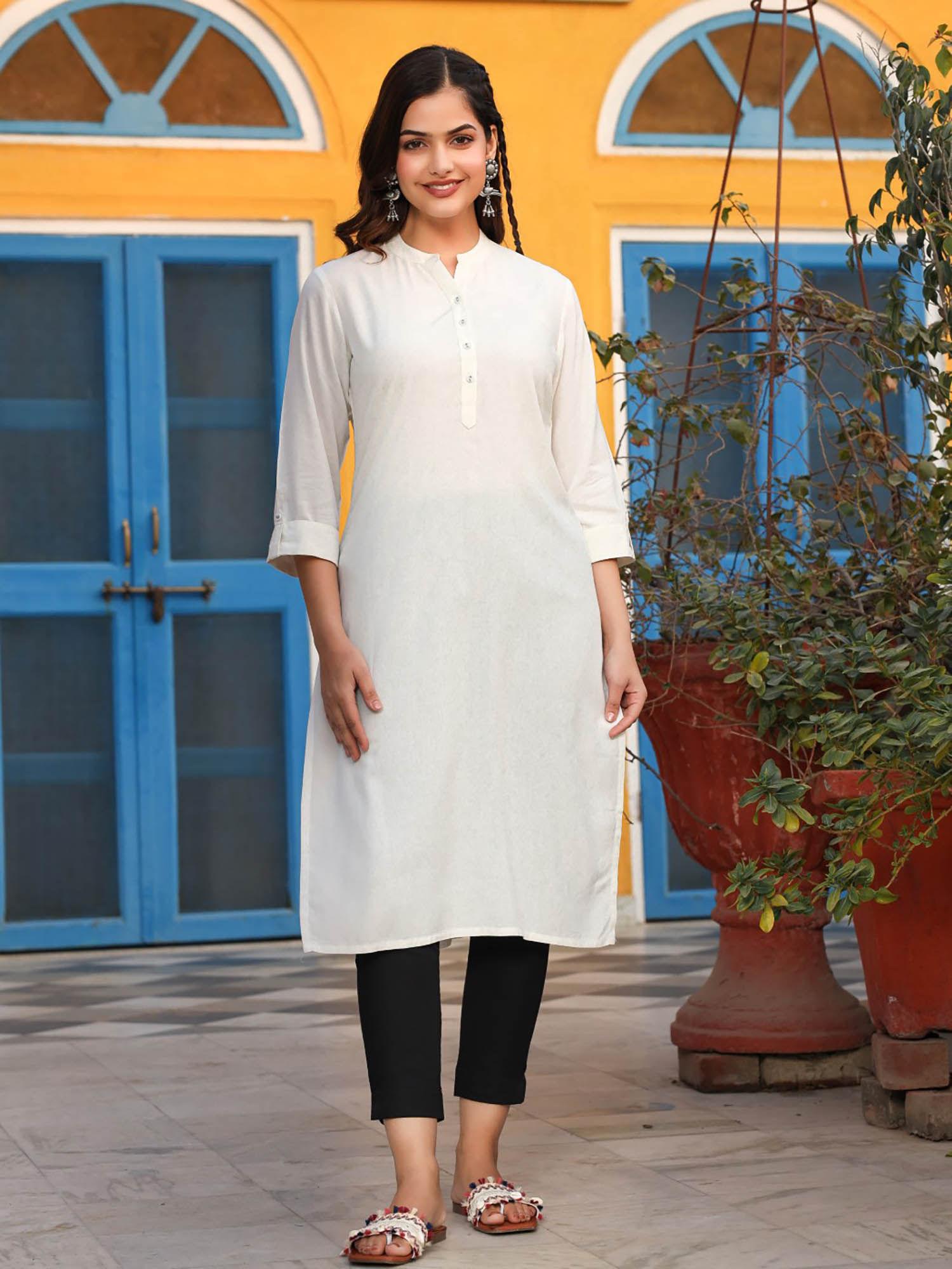 off white plus size straight kurta crafted with rayon fabric