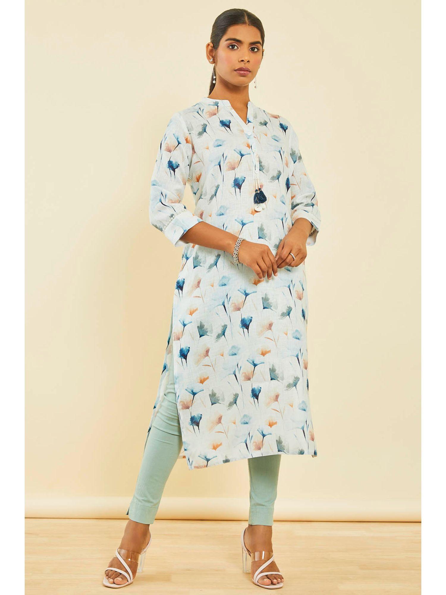 off white poly cotton floral print kurta with tassels