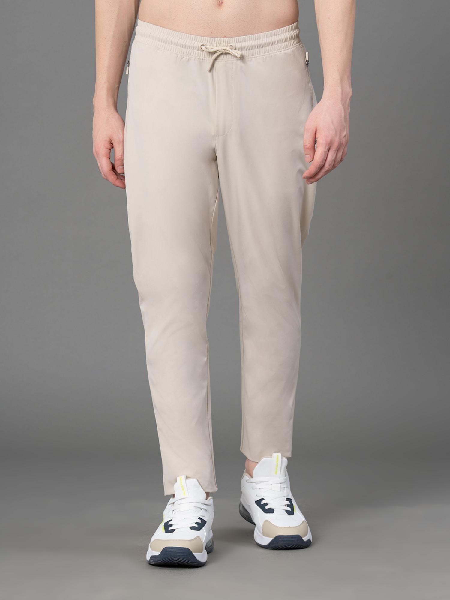 off white polyester stretch solid mens activewear trackpant