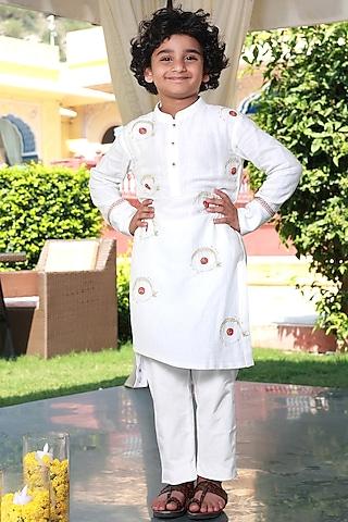 off-white poplin embroidered kurta set for boys