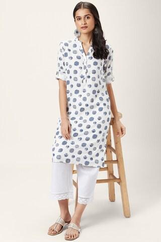 off white print casual mandarin 3/4th sleeves knee length women regular fit kurta