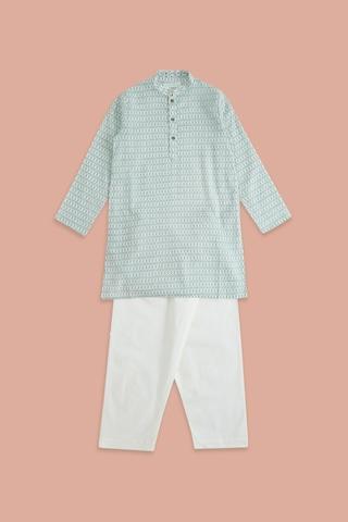 off white print casual mandarin full sleeves calf-length boys regular fit pant kurta set
