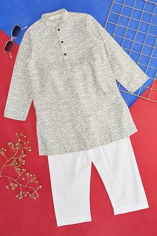 off white print ethnic full sleeves mandarin collar boys regular fit  pant kurta set