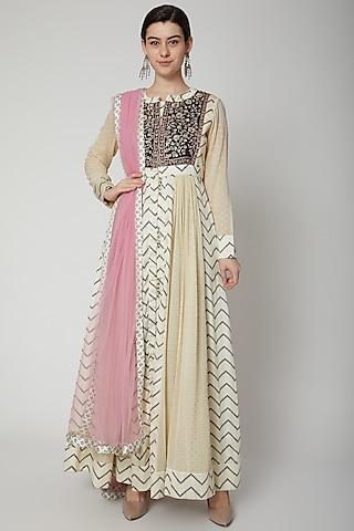 off white printed & embroidered anarkali set