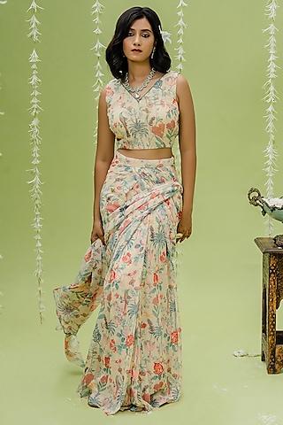 off-white printed & embroidered draped saree set