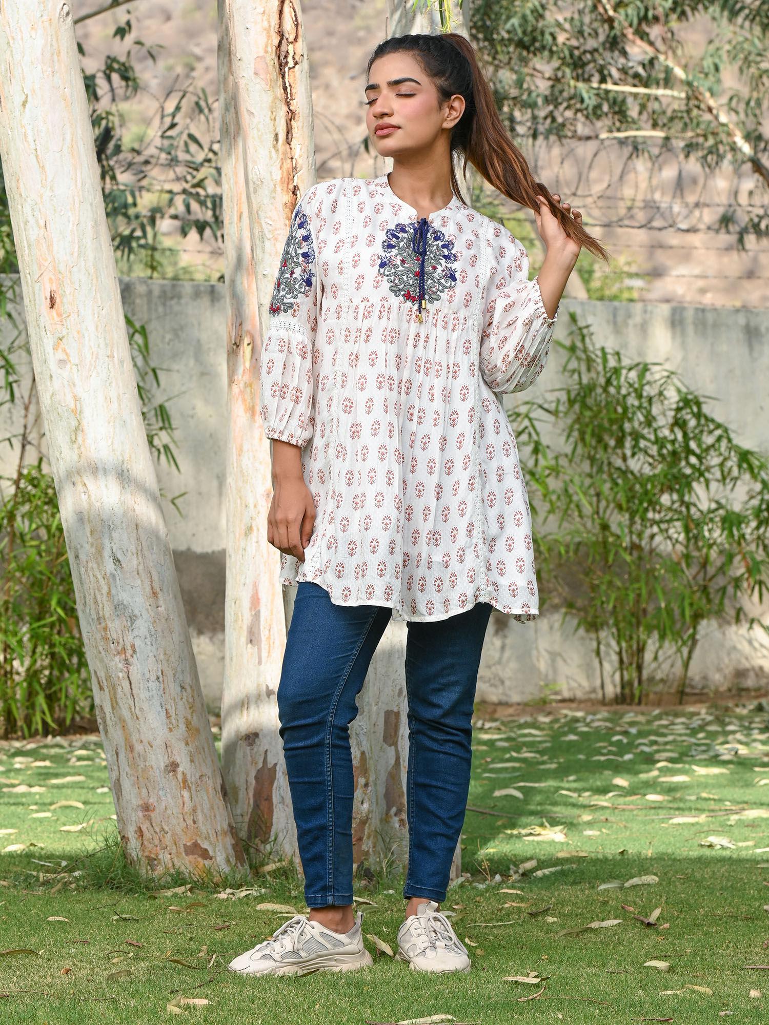 off white printed cotton dobby blue embroidered tunic