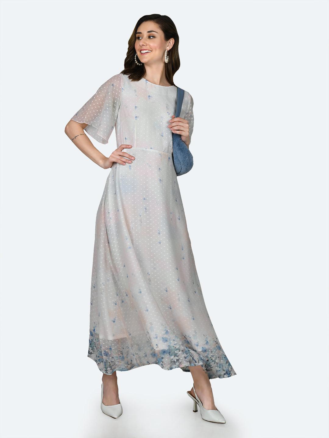 off white printed flared sleeve maxi dress for women