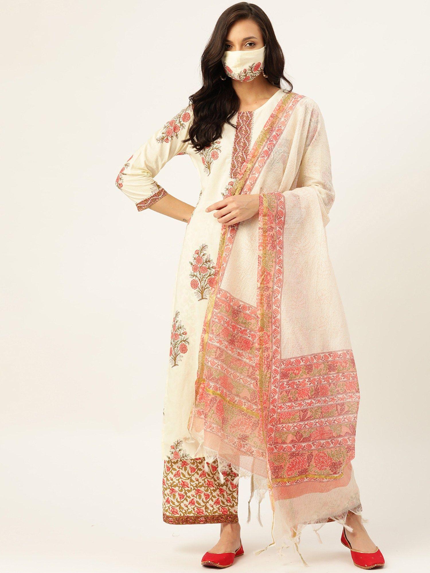 off white printed kurta with dupatta & palazzo (set of 3)