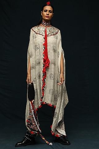 off white printed long capelet with pants