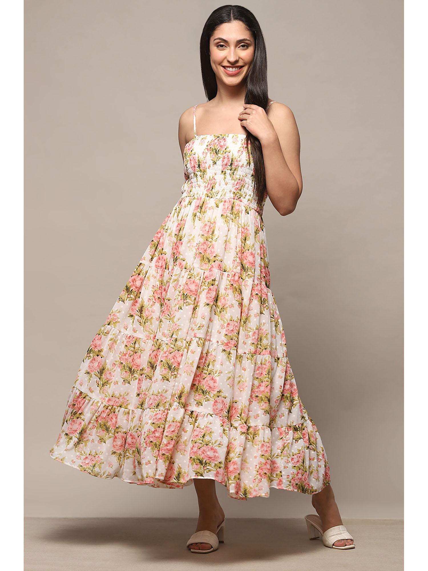 off white printed polyester tiered maxi dress