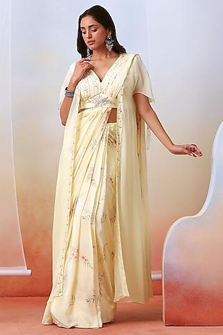 off-white printed pre-stitched saree set