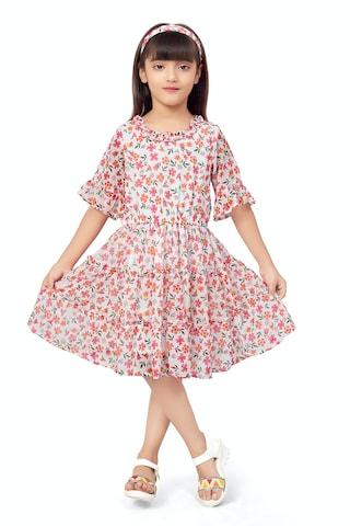 off white printed round neck casual knee length elbow sleeves girls regular fit dress
