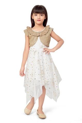 off white printed round neck party calf-length cap sleeves girls regular fit dress