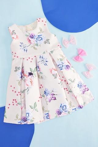 off white printed round neck party knee length sleeveless girls regular fit dress