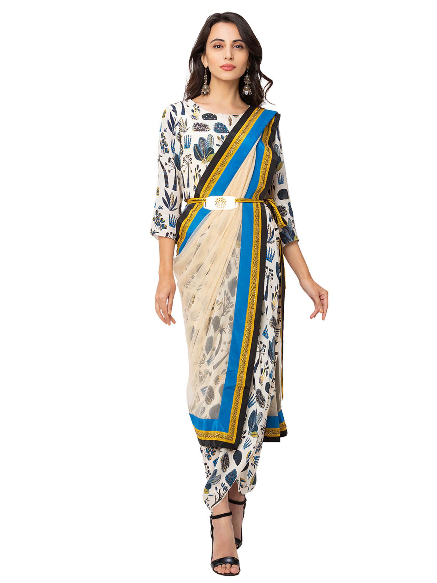 off white printed saree with stitched blouse & belt