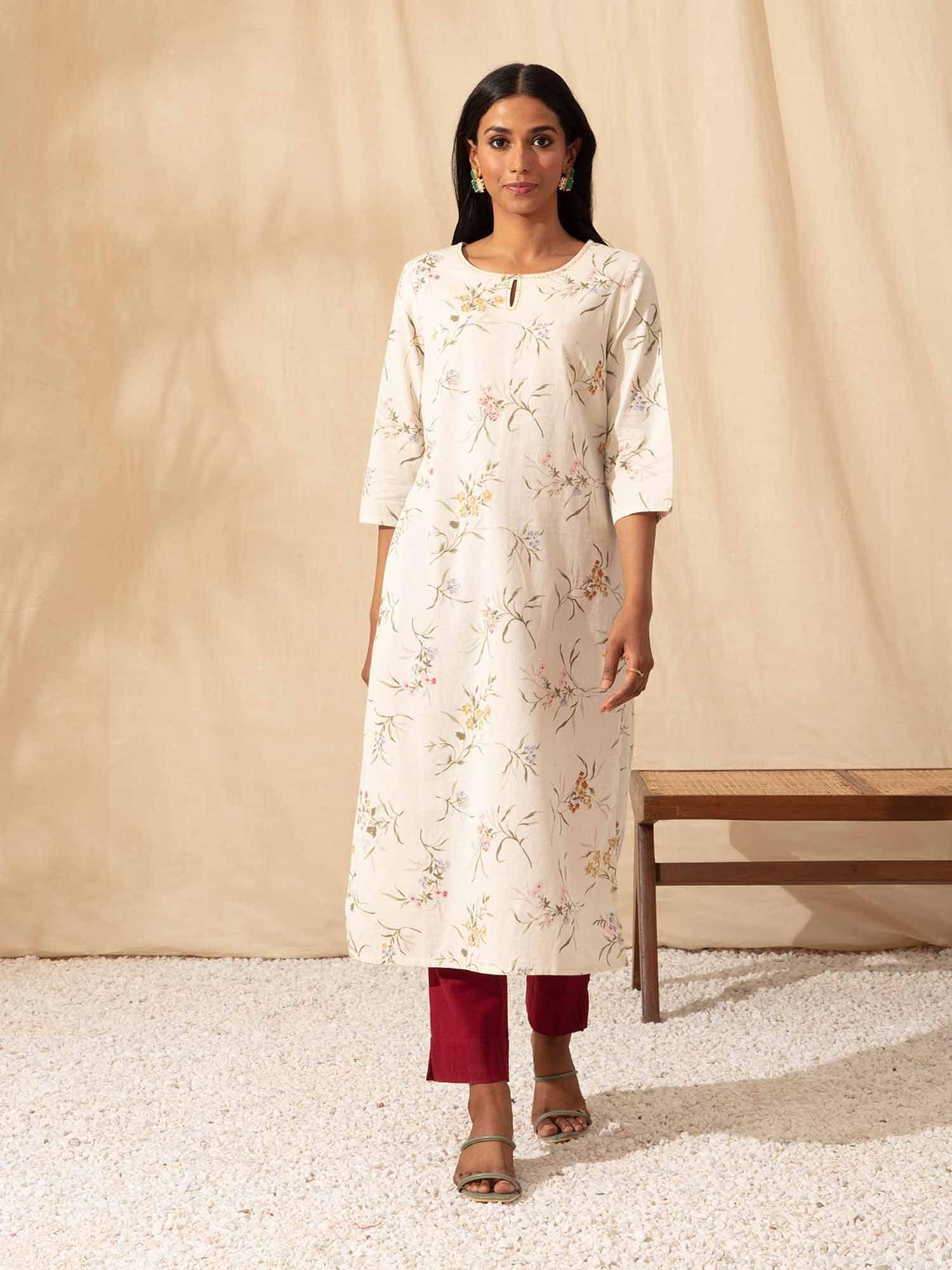 off white printed straight cotton kurta likkur110