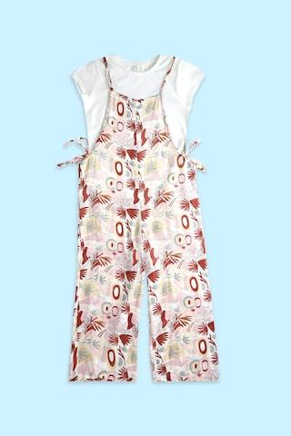 off white printeded round neck casual full length half sleeves girls regular fit jumpsuit