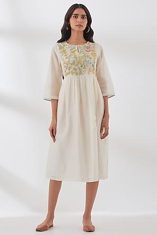 off-white pure chanderi embroidered midi dress