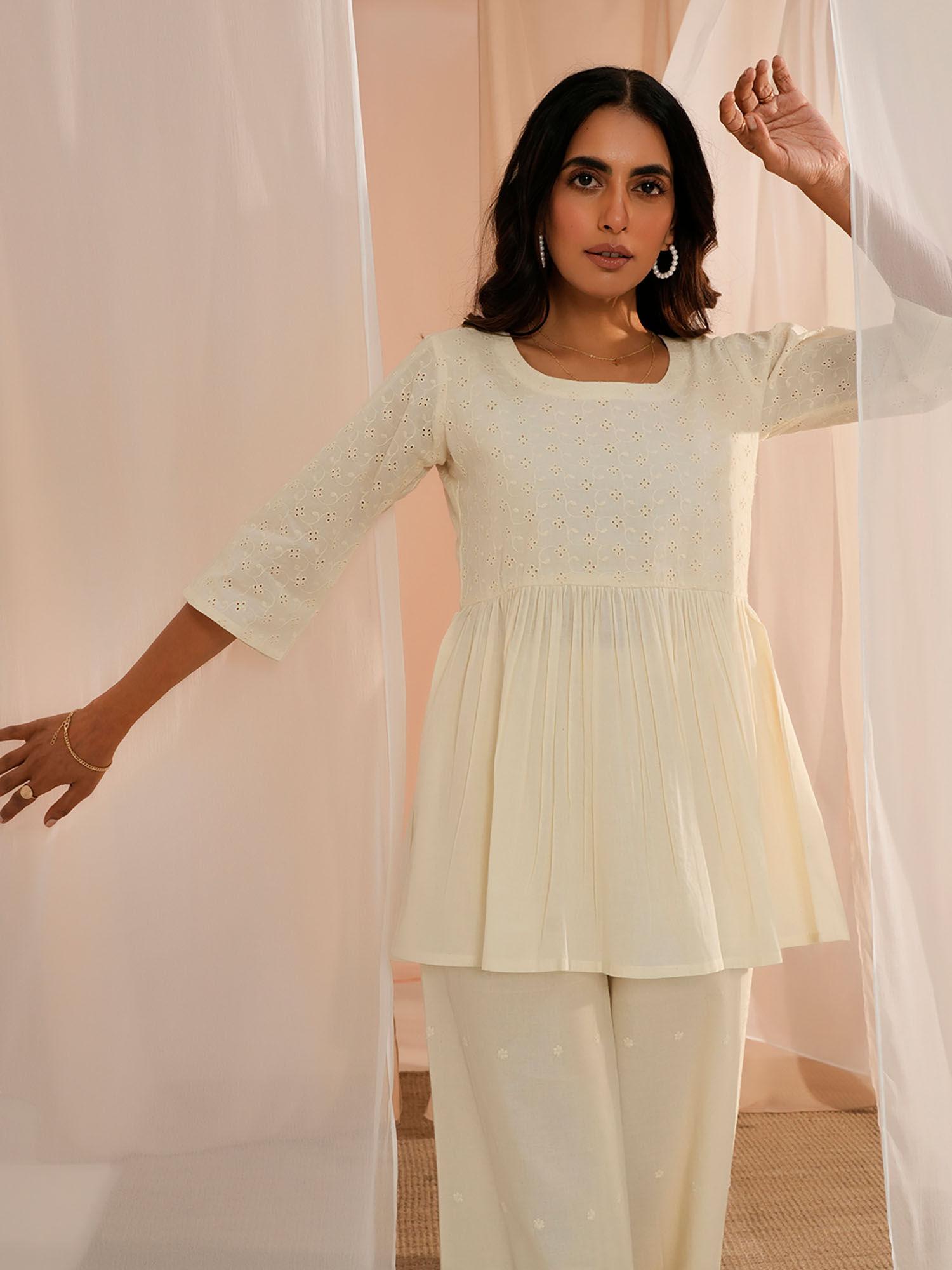 off white pure cotton embroidered a-line tunic