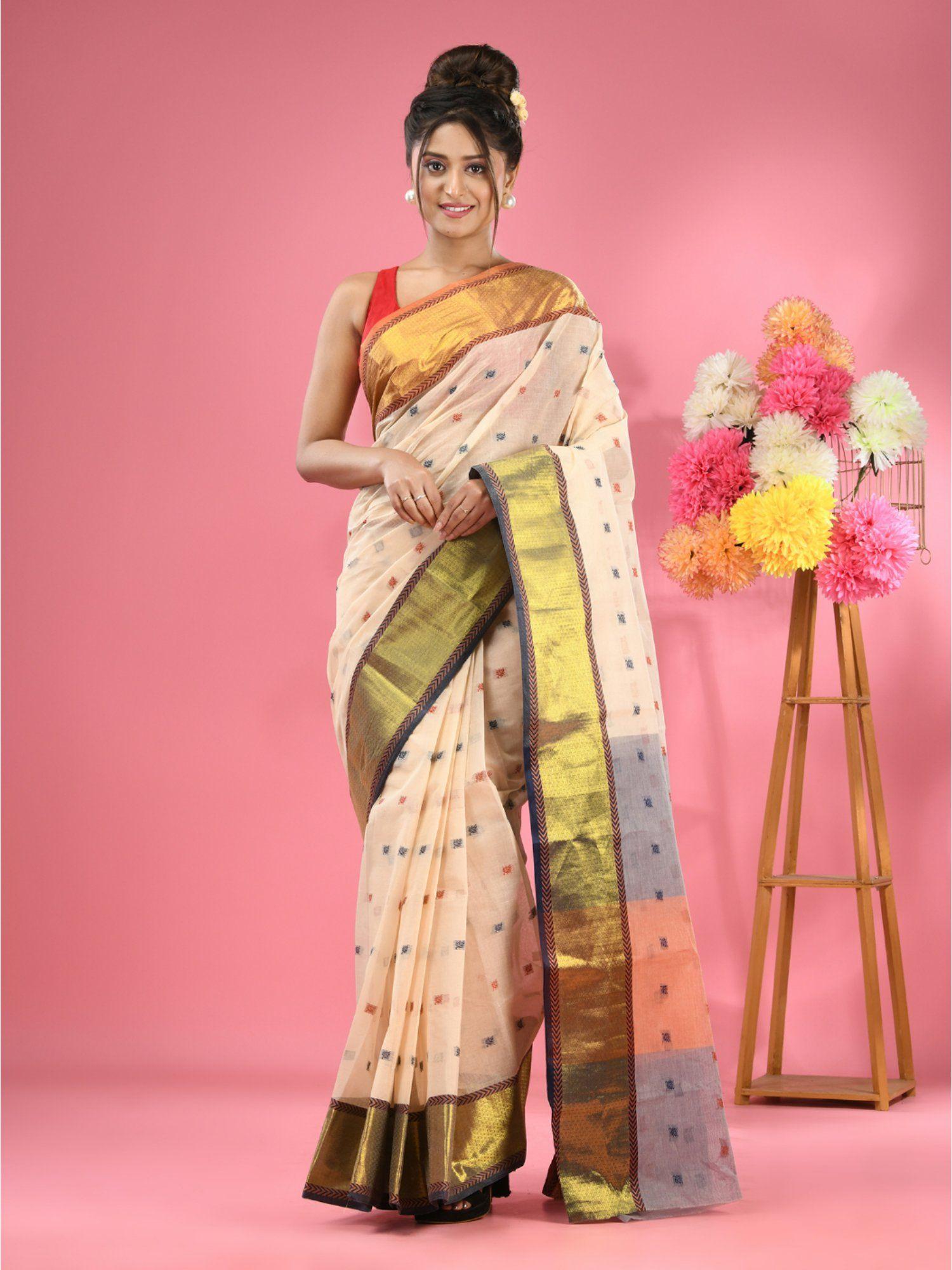 off white pure cotton tant zari border saree without blouse