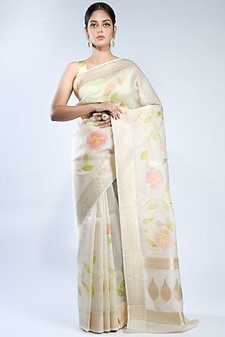 off-white pure organza silk handwoven saree