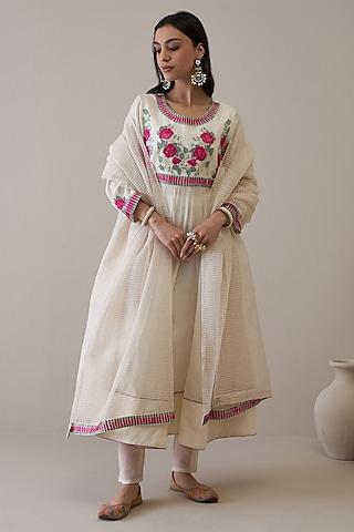 off-white pure silk chanderi resham embroidered anarkali set