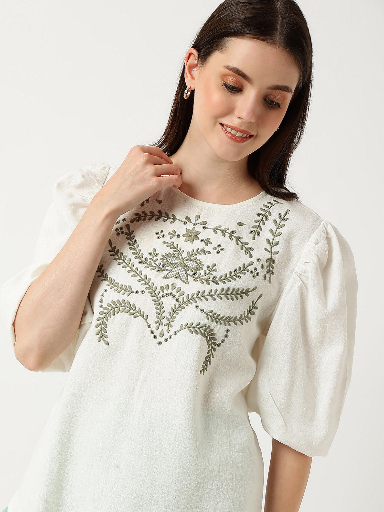off-white pure viscose embroidered round neck blouse