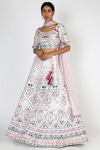 off white raw silk embroidered lehenga set