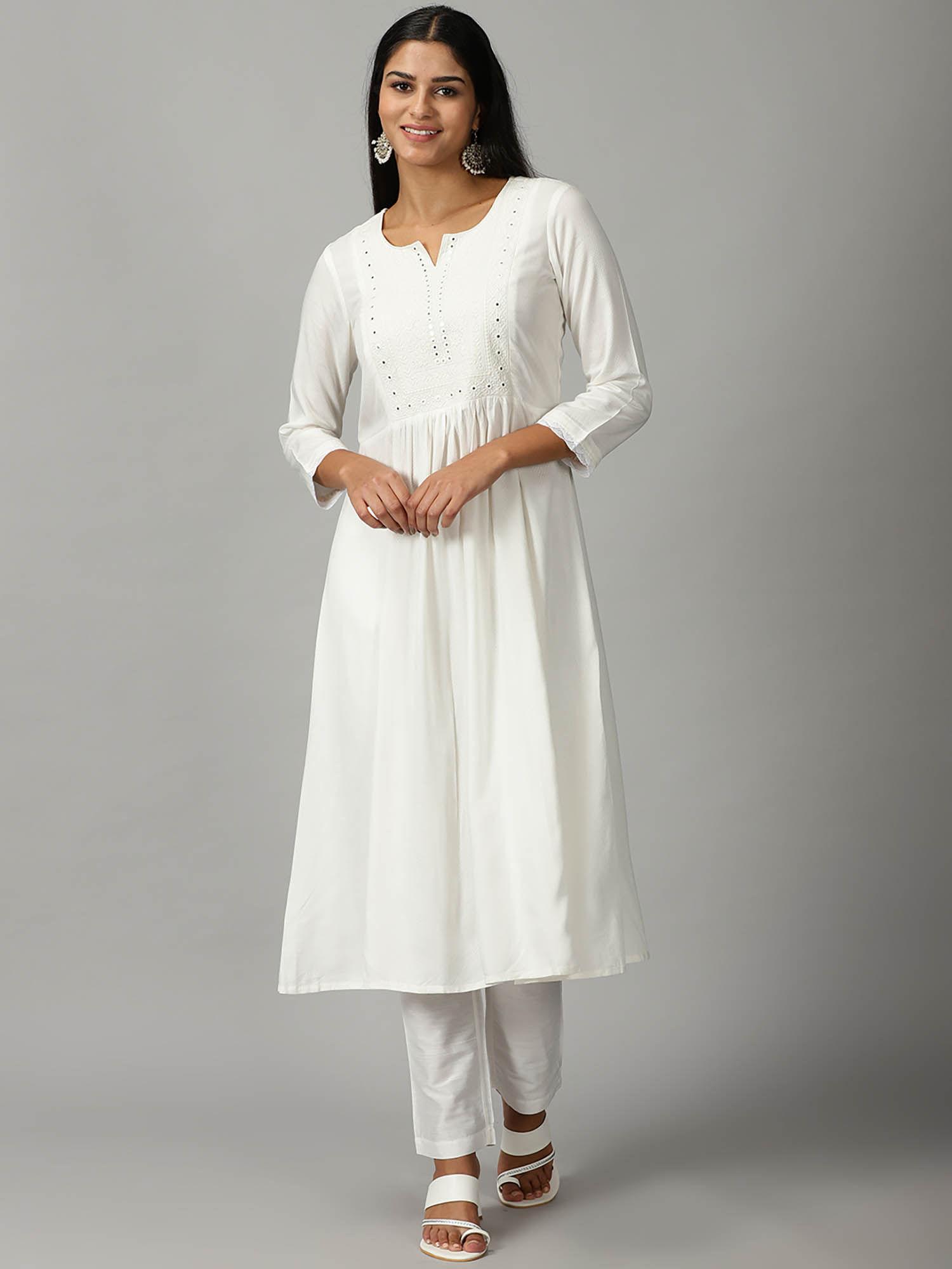 off white rayon dobby a-line kurta with self embroidered yoke