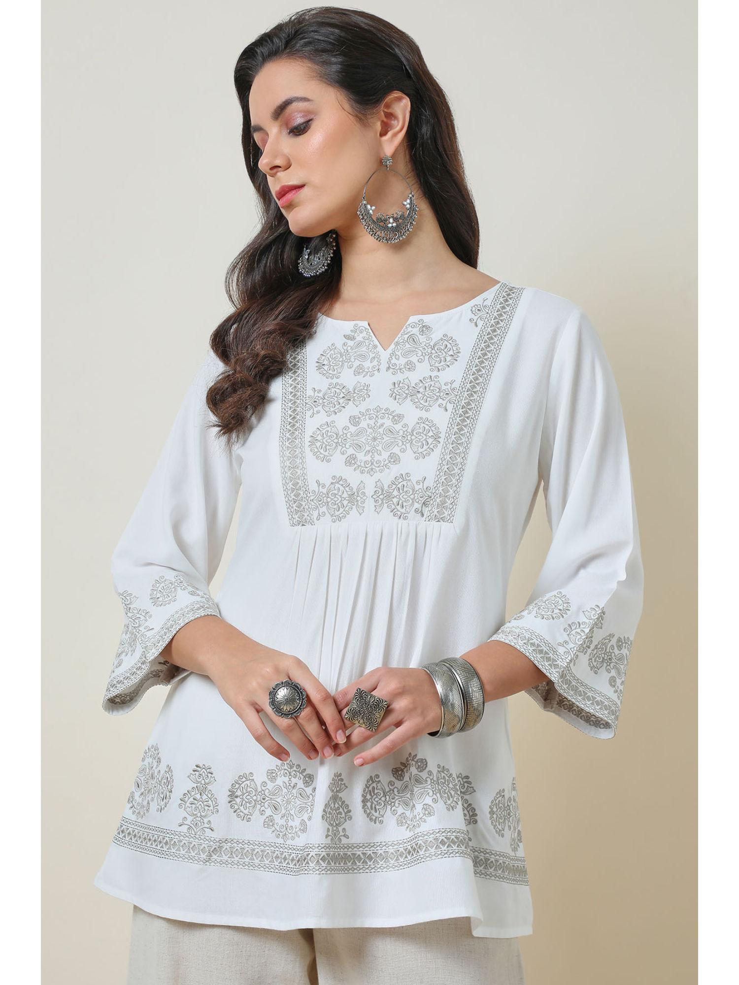 off white rayon embroidered gathered tunic