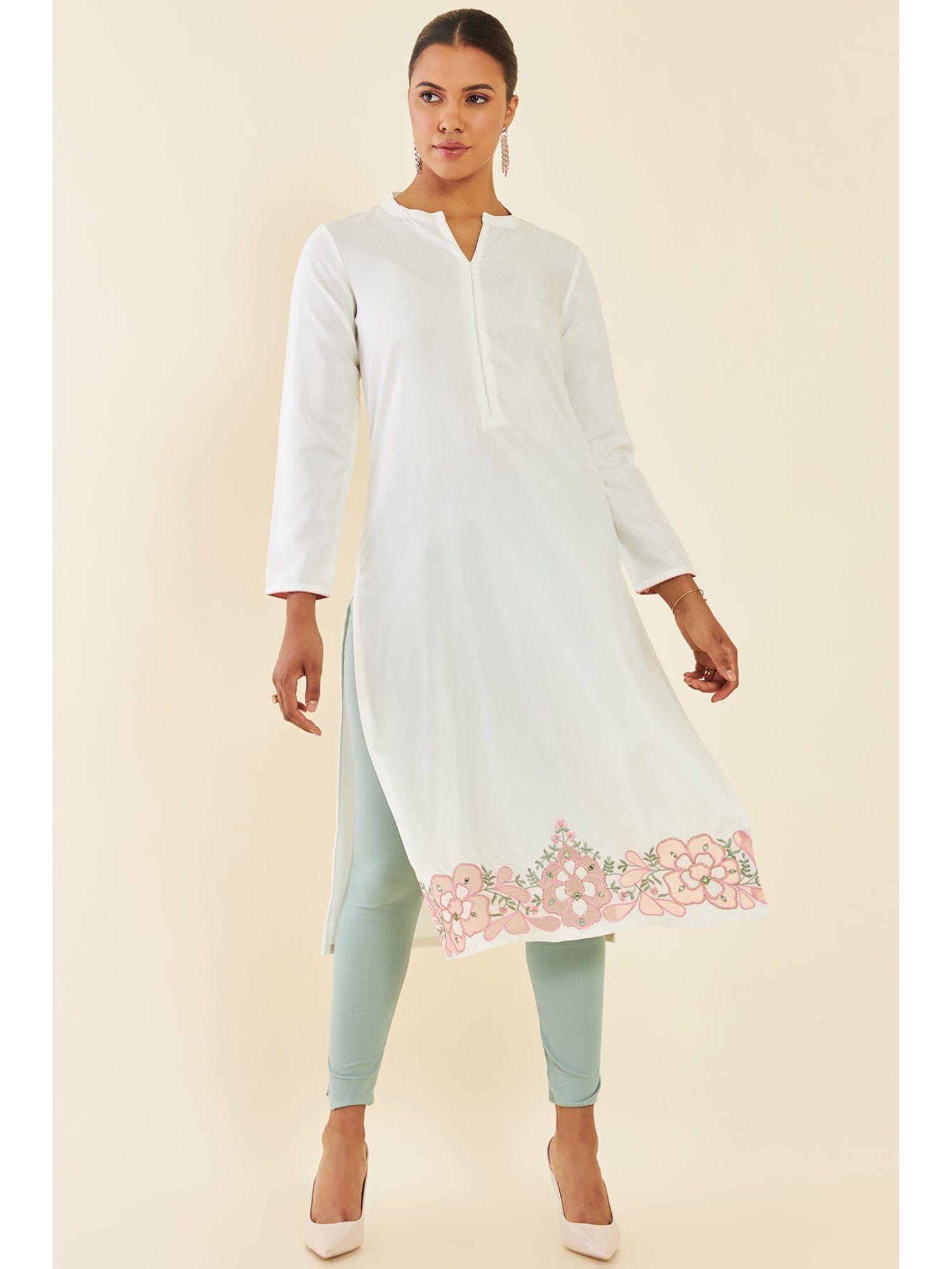 off white rayon floral embroidered kurta with cutwork and mirror embellishment