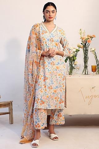 off-white rayon moss floral printed straight kurta set