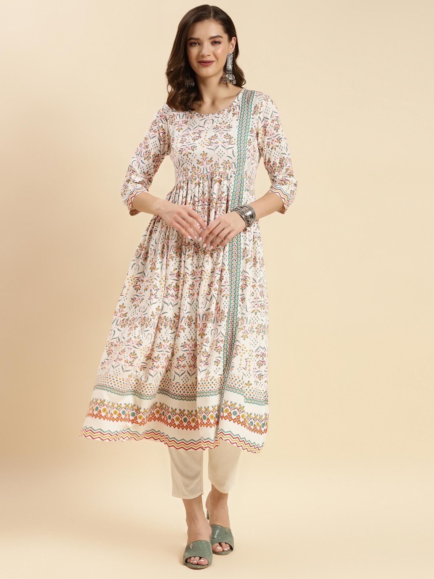 off white rayon printed calf length front slit kurta