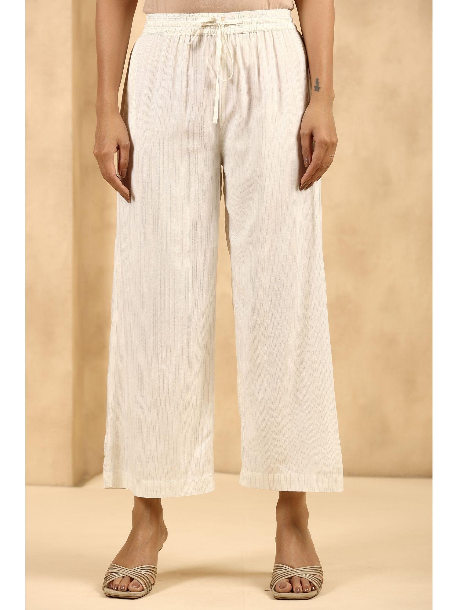 off-white rayon solid wide leg palazzo with drawstring and elasticated waistband