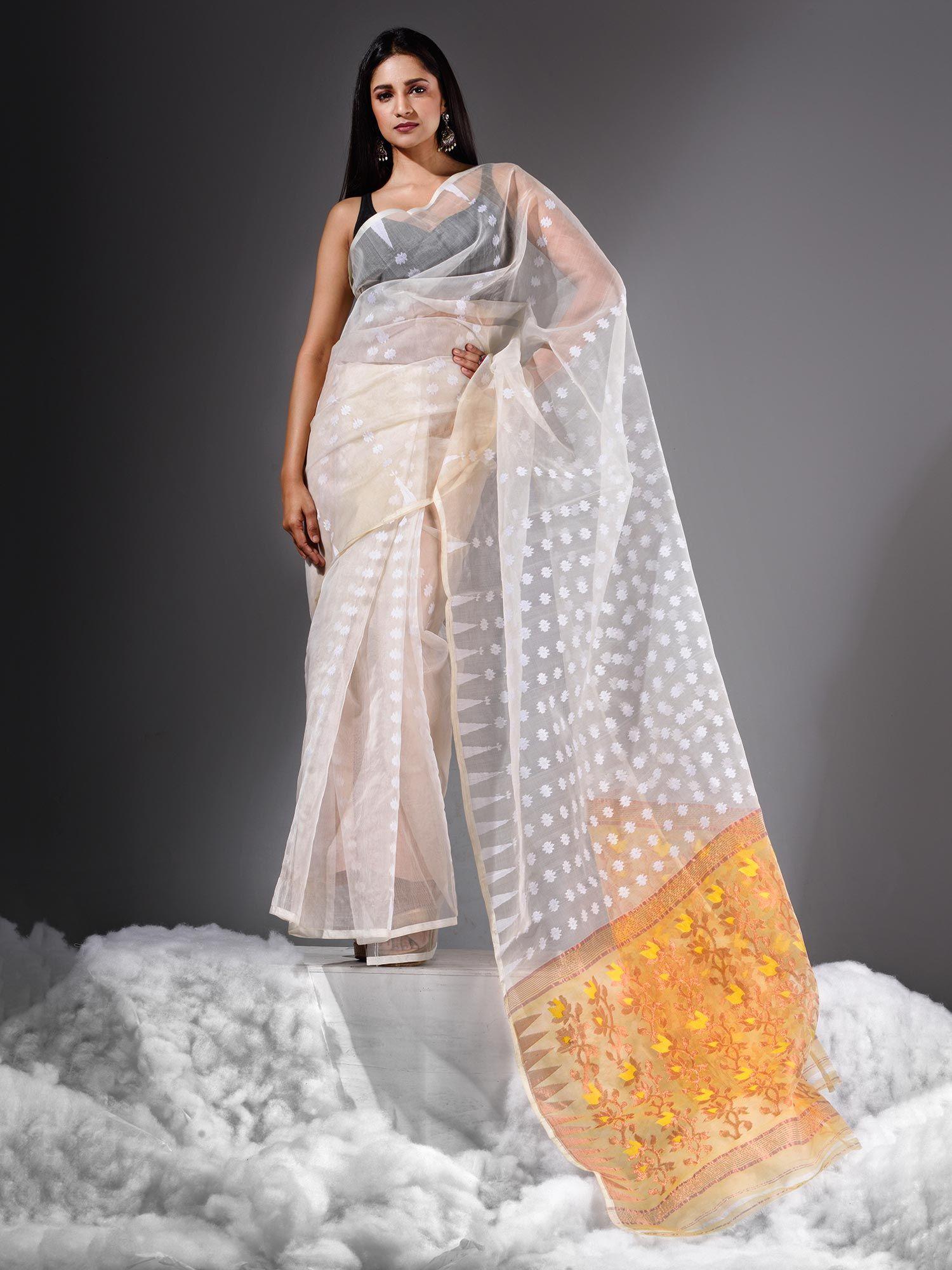 off white resham jamdani saree without blouse