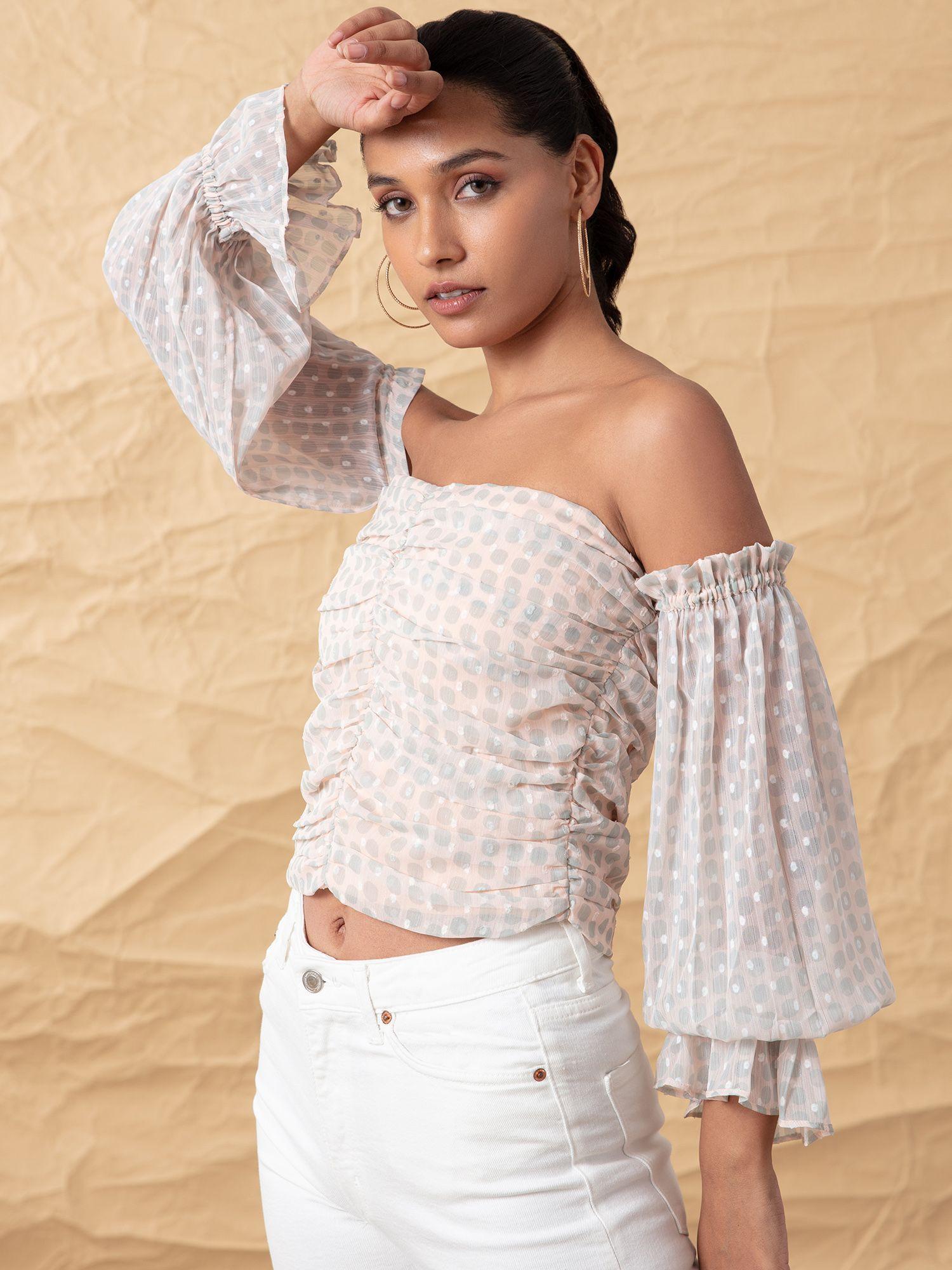 off white ruched off shoulder top