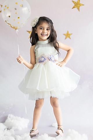 off-white satin organza & tulle hand embroidered dress for girls